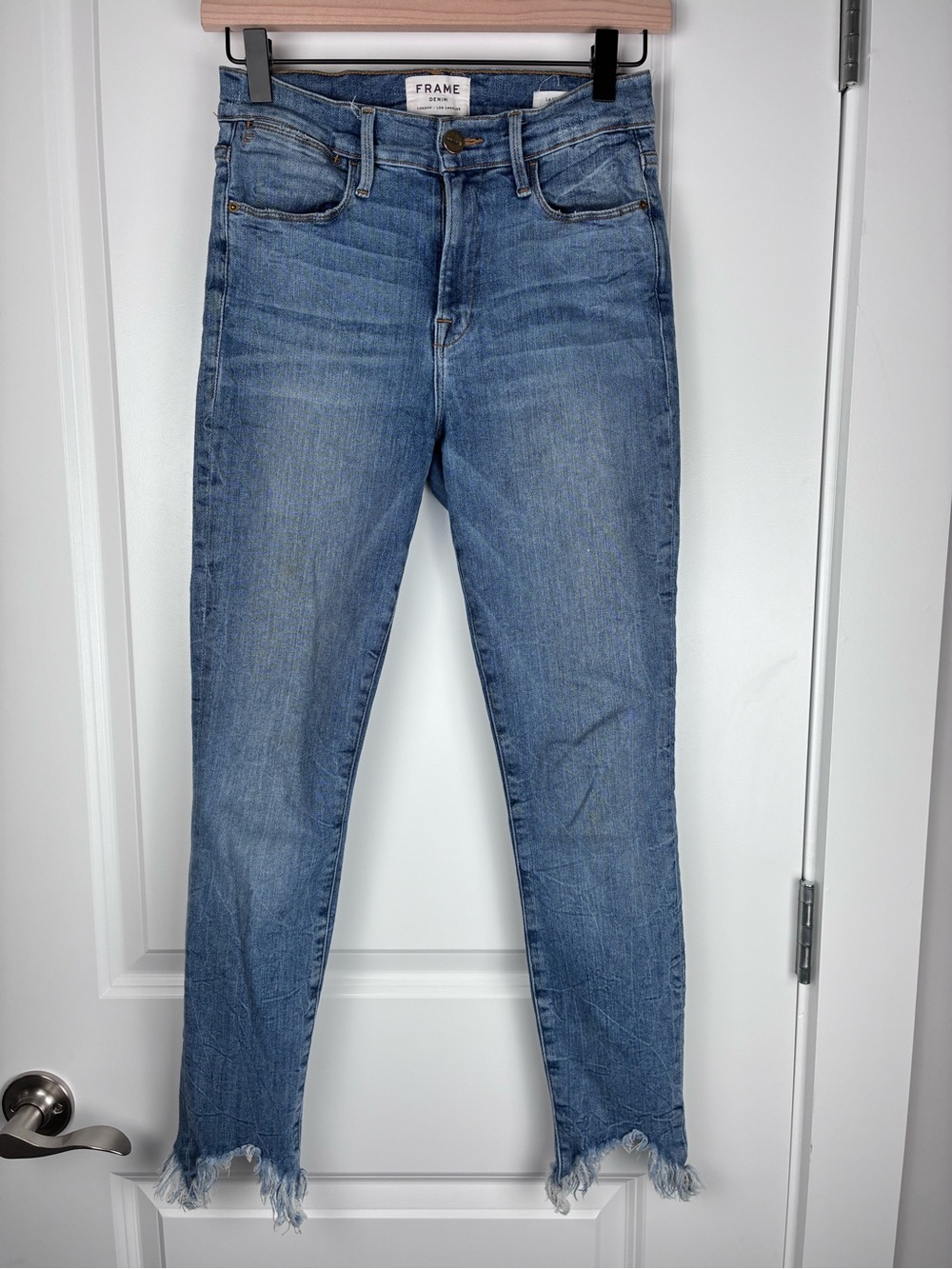 Frame Denim Women's Light Blue High-Rise Skinny Jeans Raw Hem Size 27